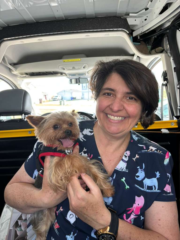The Petoothfairy team member smiling and gently holding a small Yorkie inside the mobile cleaning van — every pet is treated like family