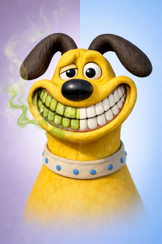 Cartoon dog showing before and after dental cleaning - dirty teeth on one side and sparkling clean teeth on the other