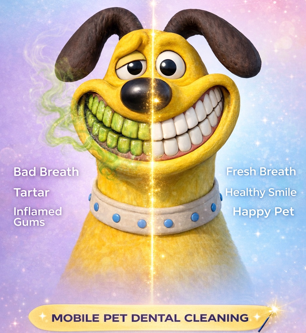 Petoothfairy mascot showing the before-and-after of an anesthesia-free dental cleaning: bad breath, tartar and inflamed gums on one side; fresh breath, healthy smile and happy pet on the other